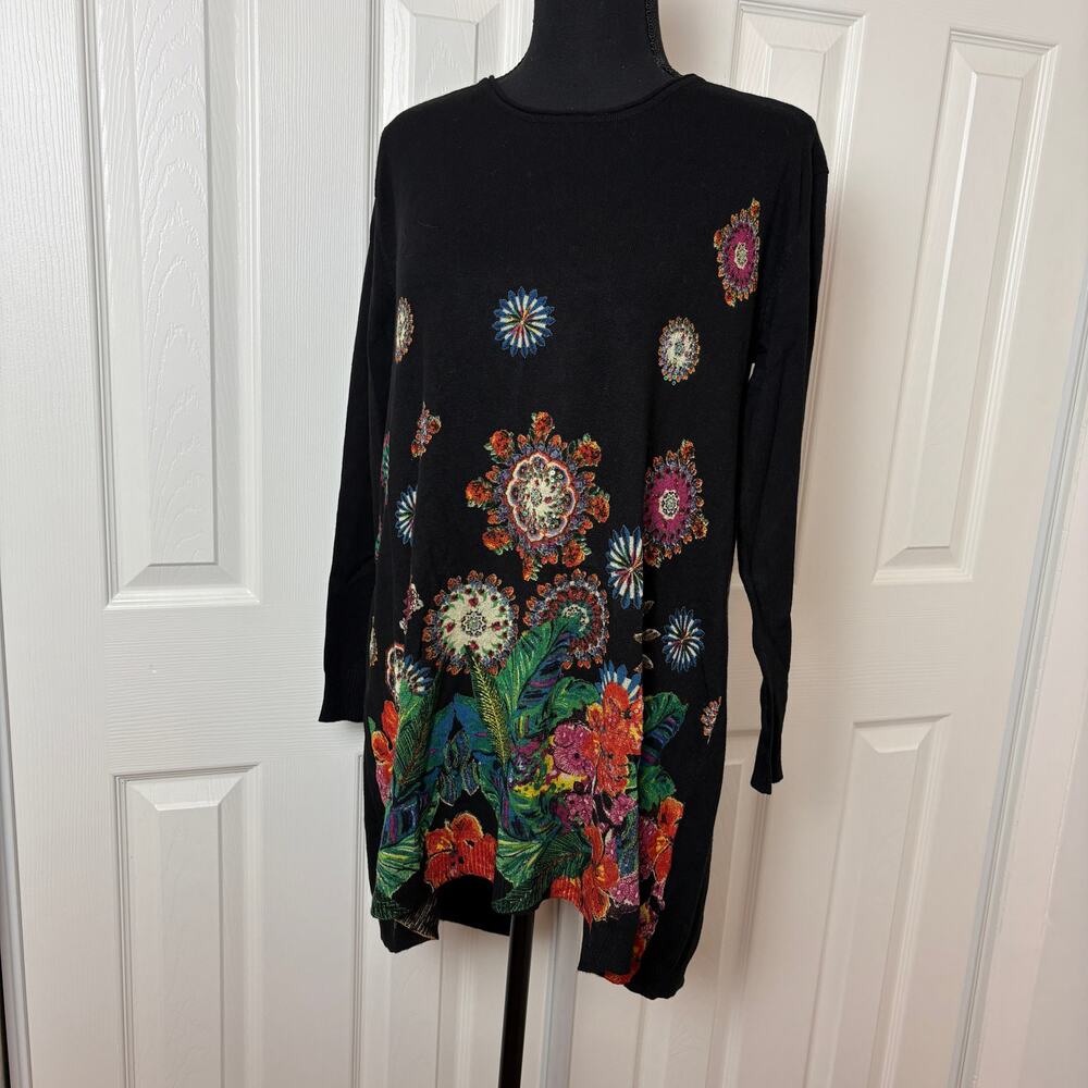 New Desigual Diane Sweater Black Longline Floral Mandala NWT M Medium Split Back